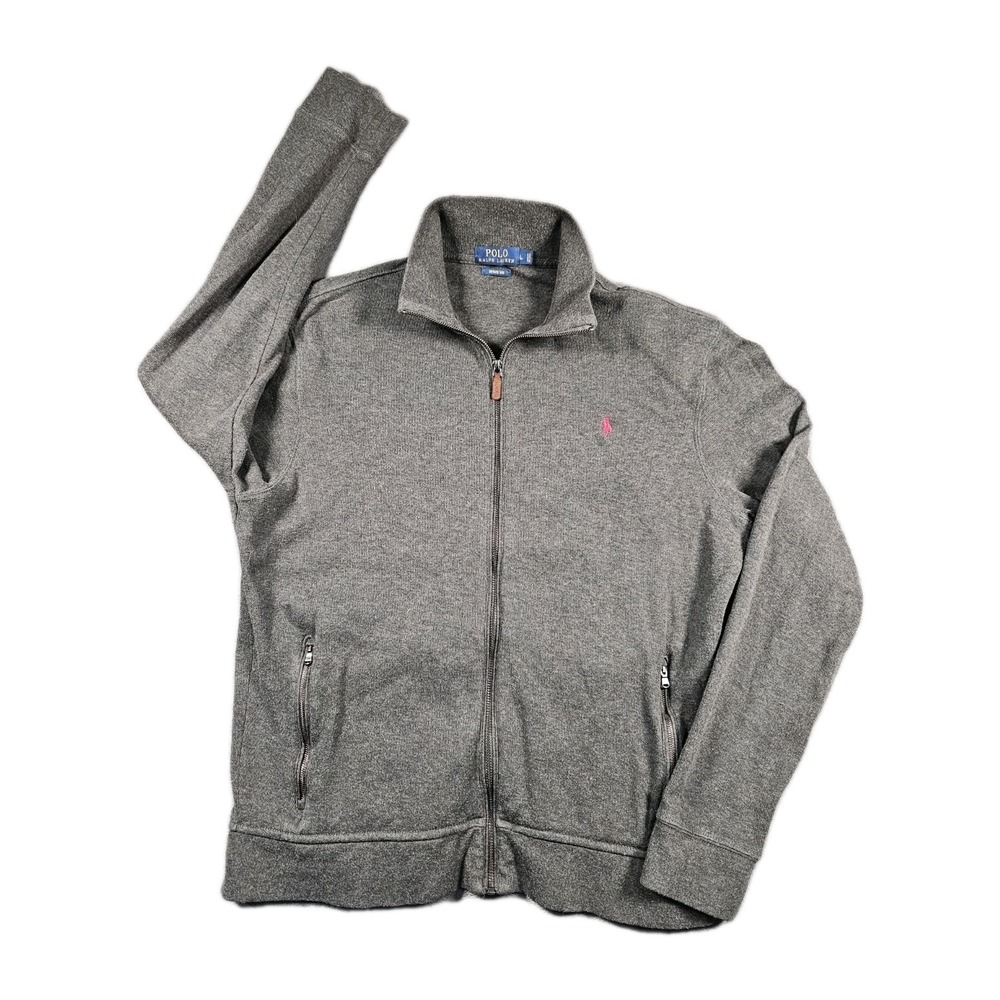 Polo Ralph Lauren Estate Rib Full Zip Sweater Mens Large Gray‎ Cotton Red Pony